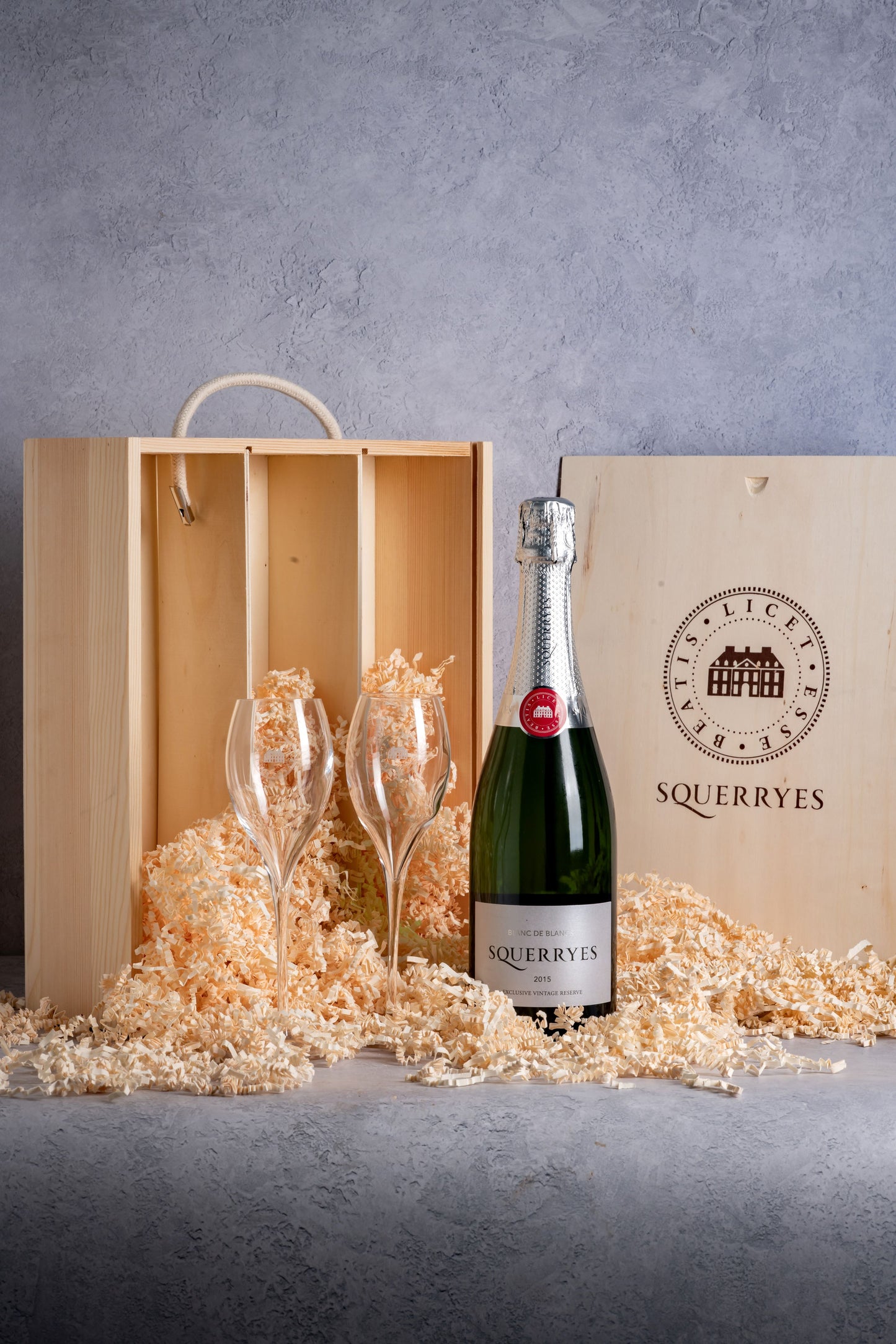 Single Bottle with 2 Squerryes Branded Dartington Crystal Flutes