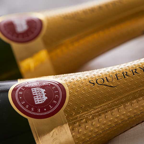 Single Bottle with 2 Squerryes Branded Dartington Crystal Flutes